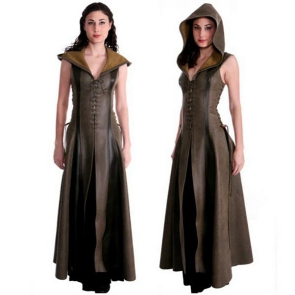 Women Fashion Slim Lace Up Leather Medieval Ranger Long Dress Cosplay Costume Anime Costumes Women