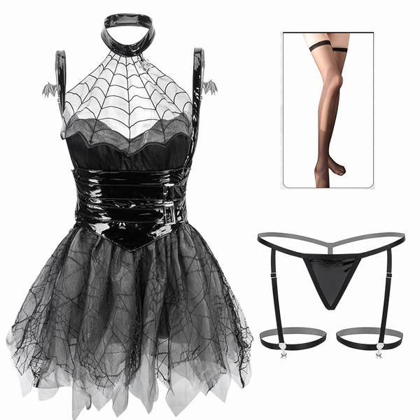 Womens  See Through Soft Yarn Spider Little Devil Patent Leather Girdle Uniform Seat Cosplay & Roleplay